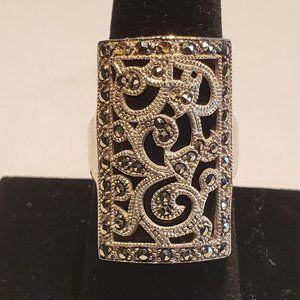 VINTAGE .925 MARCASITE / ONYX RING - SZ. 8.5